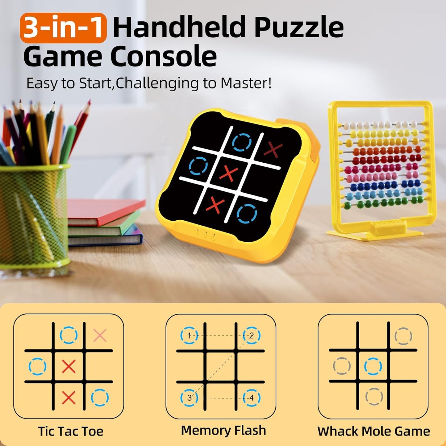 Tic Tac Toe Games for Kids: 3-In-1 Sensory Handheld Puzzle Console for 6 7 8 9 10 11 12 Years Old - Portable Travel Game Gift - Electronic Toy for Boys and Girls Ages 6-12