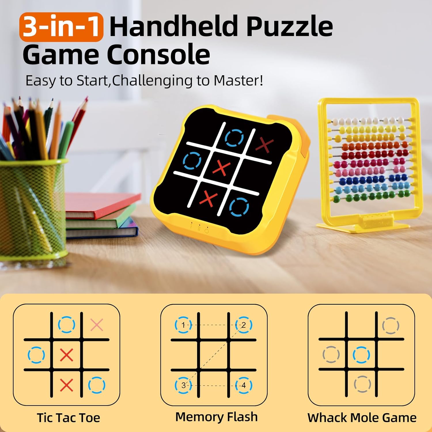 Tic Tac Toe Games for Kids: 3-In-1 Sensory Handheld Puzzle Console for 6 7 8 9 10 11 12 Years Old - Portable Travel Game Gift - Electronic Toy for Boys and Girls Ages 6-12
